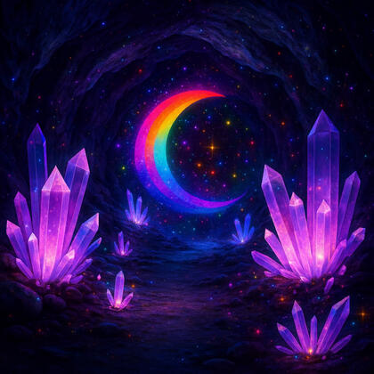 Luminous rainbow crescent moon shining over glowing violet crystals in a dark cave, symbolizing light, mystery, and renewal for Death Doula LABS.